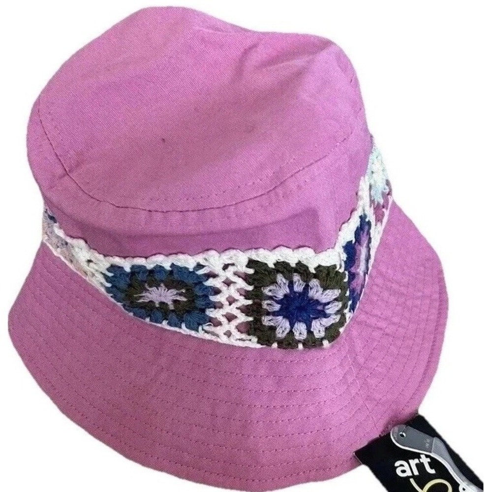 New Bucket Hat Pink Crochet Detail Art To Wear‎ Travel Beach Garden Boho